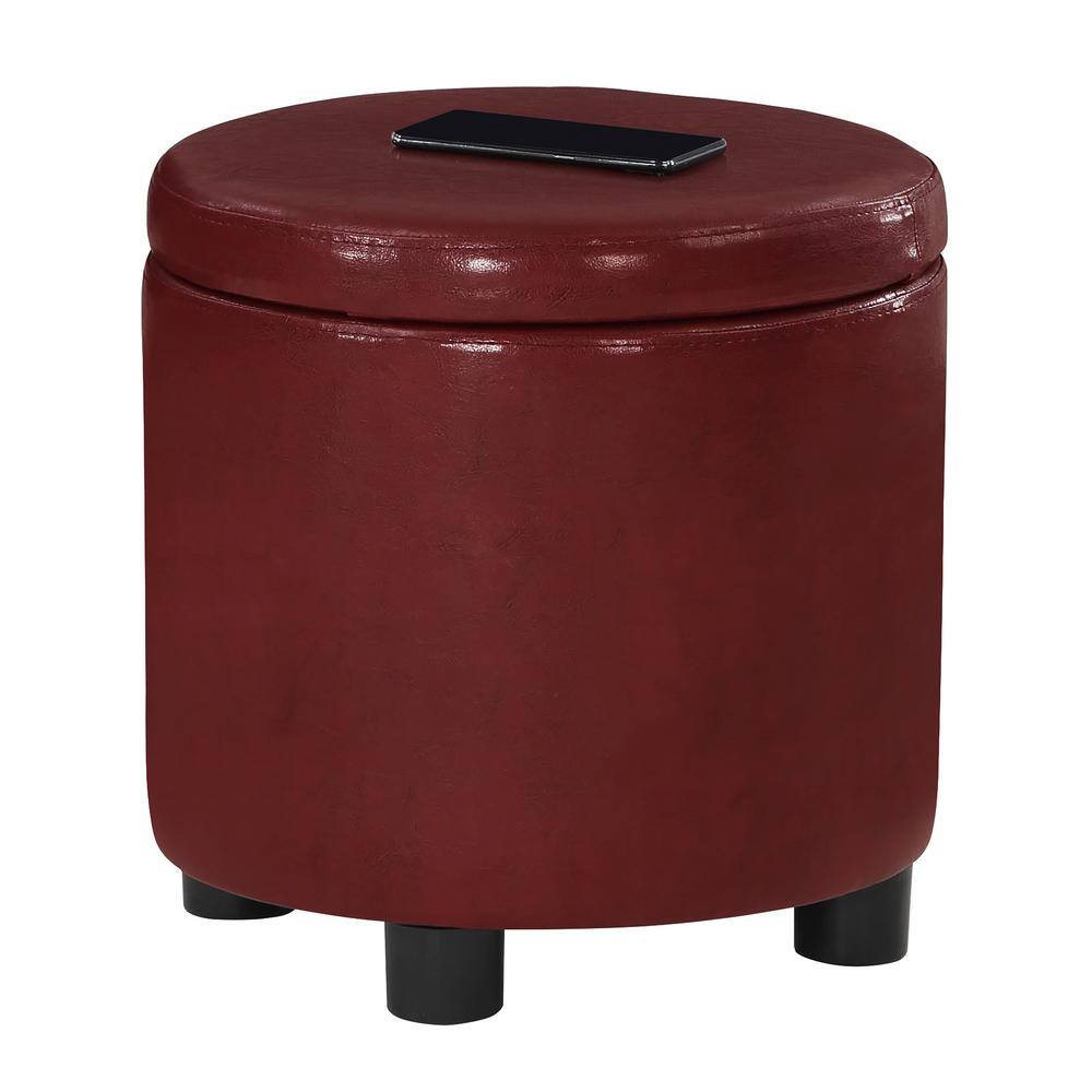 Burgundy Faux Leather Round Storage Ottoman with Reversible Tray