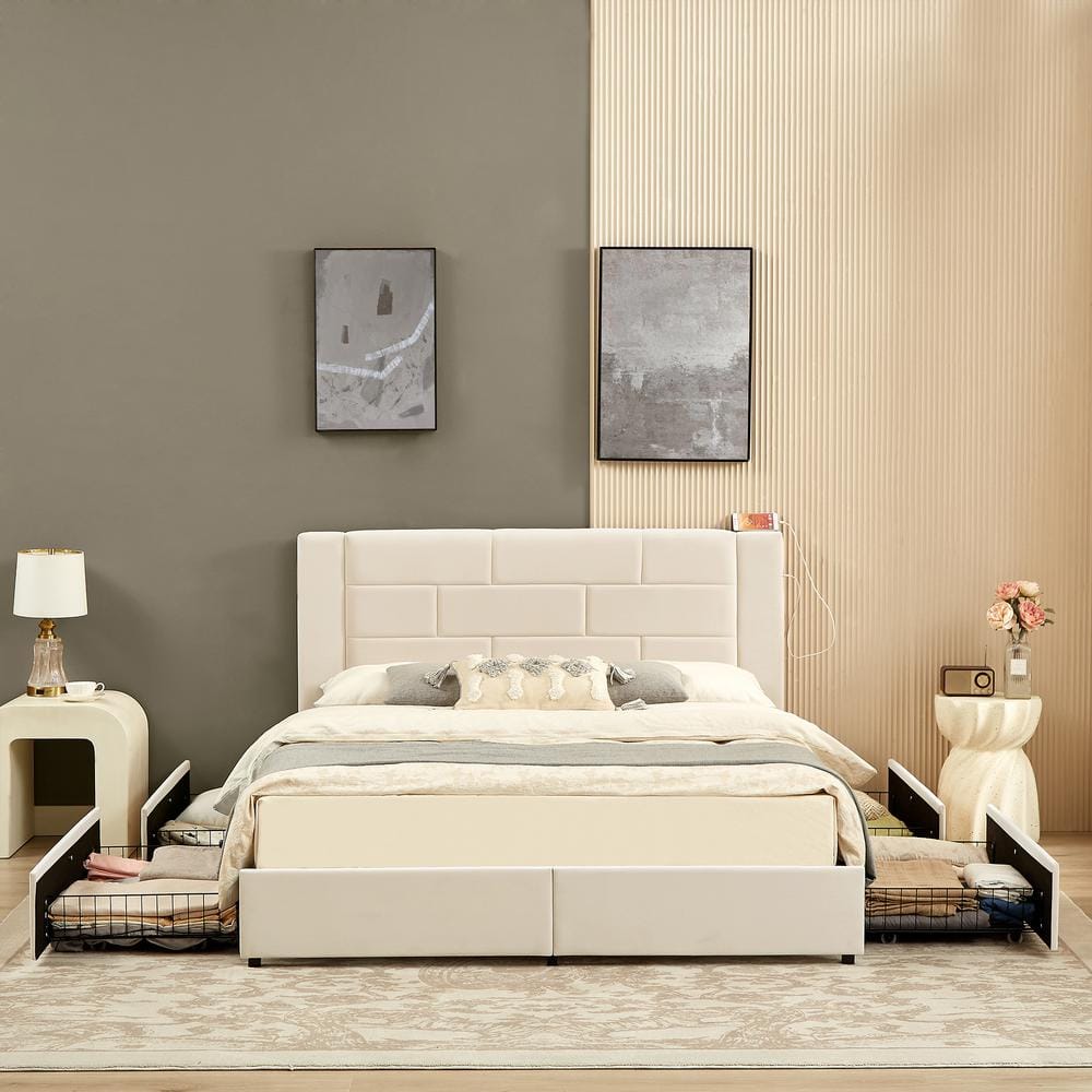VECELO Upholstered Bed Beige Metal Frame Full Platform Bed with USB ...