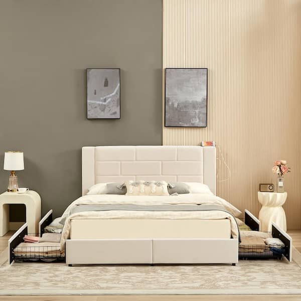 VECELO Upholstered Bed Beige Metal Frame Full Platform Bed with USB Charging, Drawers and No Boxspring Needed, Easy Assembly