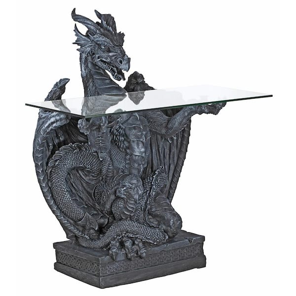 Design Toscano The Subservient Dragon 27.5 in. W Gray Polyresin Glass Topped Sculptural Table