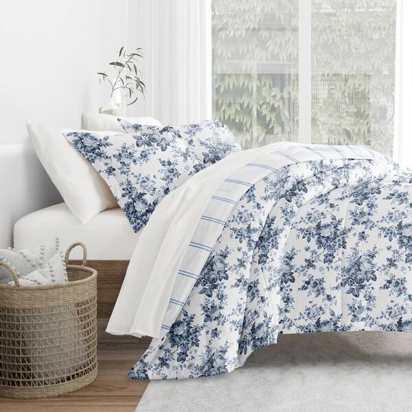 Becky Cameron 7-Piece Cabbage Rose Stripe Stone Pattern Comforter Queen Microfiber Bedding Bundle