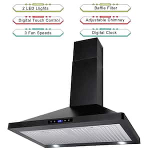 30 in. 350 CFM Ducted Wall Mount Kitchen Range Hood Stove Vented Hood Exhaust Fan in Stainless Steel Black