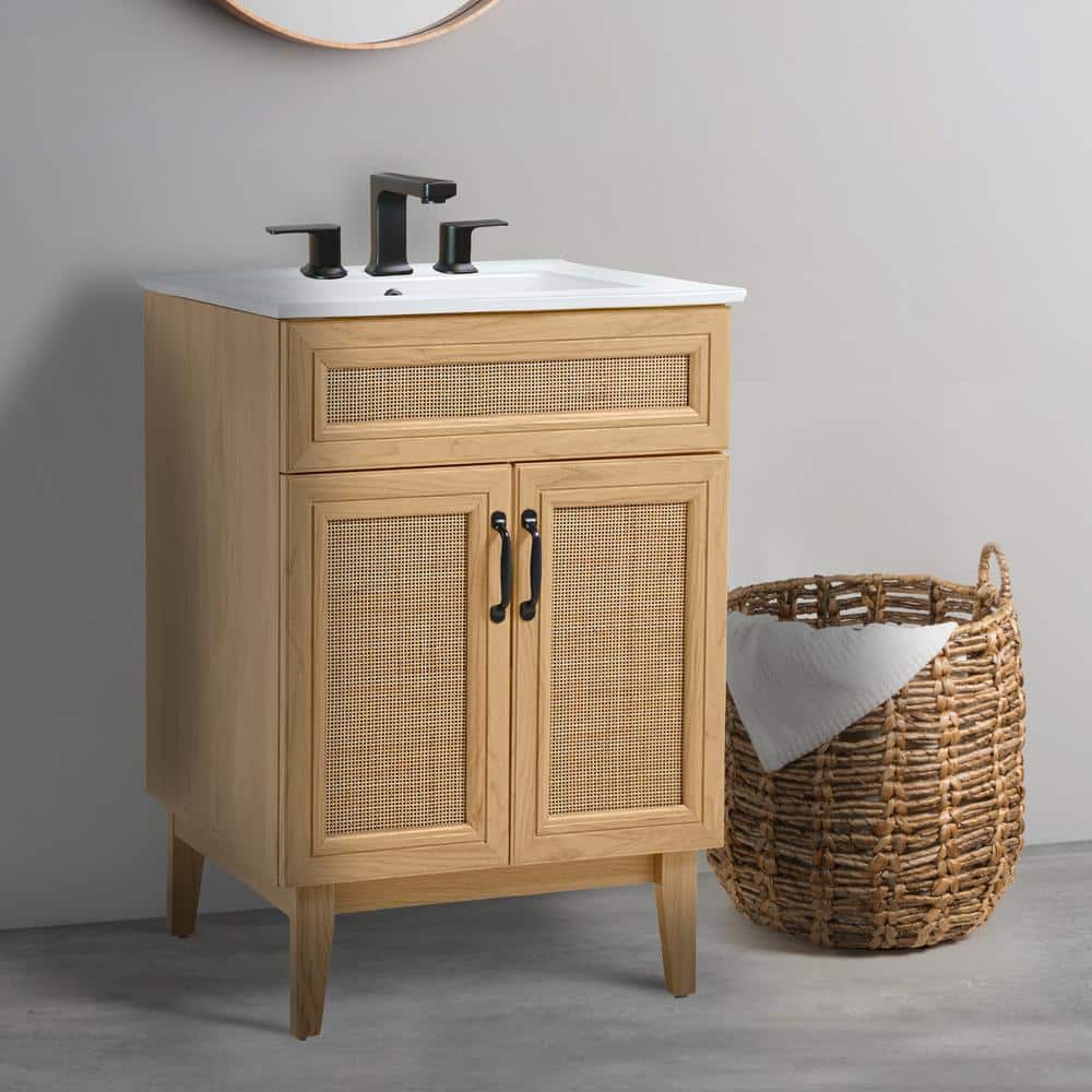Javer 24" Oak Rattan Modern Farmhouse Bath Vanity Cabinet
