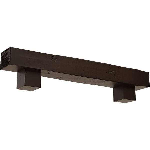 Ekena Millwork 8 in. x 12 in. x 5 ft. Knotty Pine Faux Wood Fireplace Mantel Kit, Alamo Corbels, Natural Mahogany