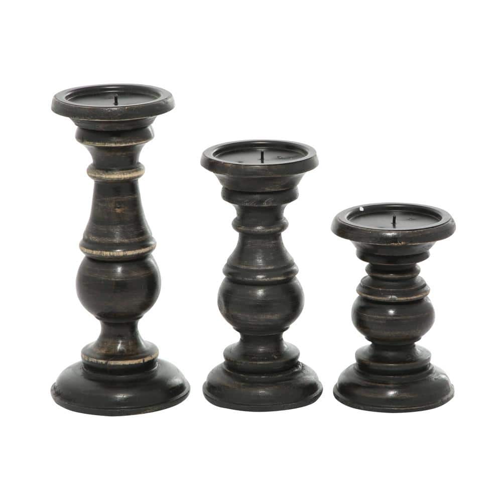 Elegant Black Mango Wood Tabletop Candlestick Trio, 10"