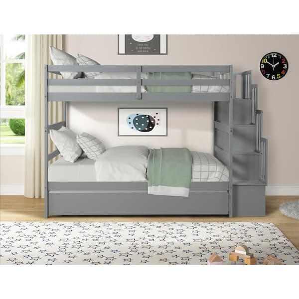 Gray Twin Over Twin Kids Bunk Bed with Trundle, Staircase and Guardrails, Detachable Wood Stairway Bunk Bed with Shelves