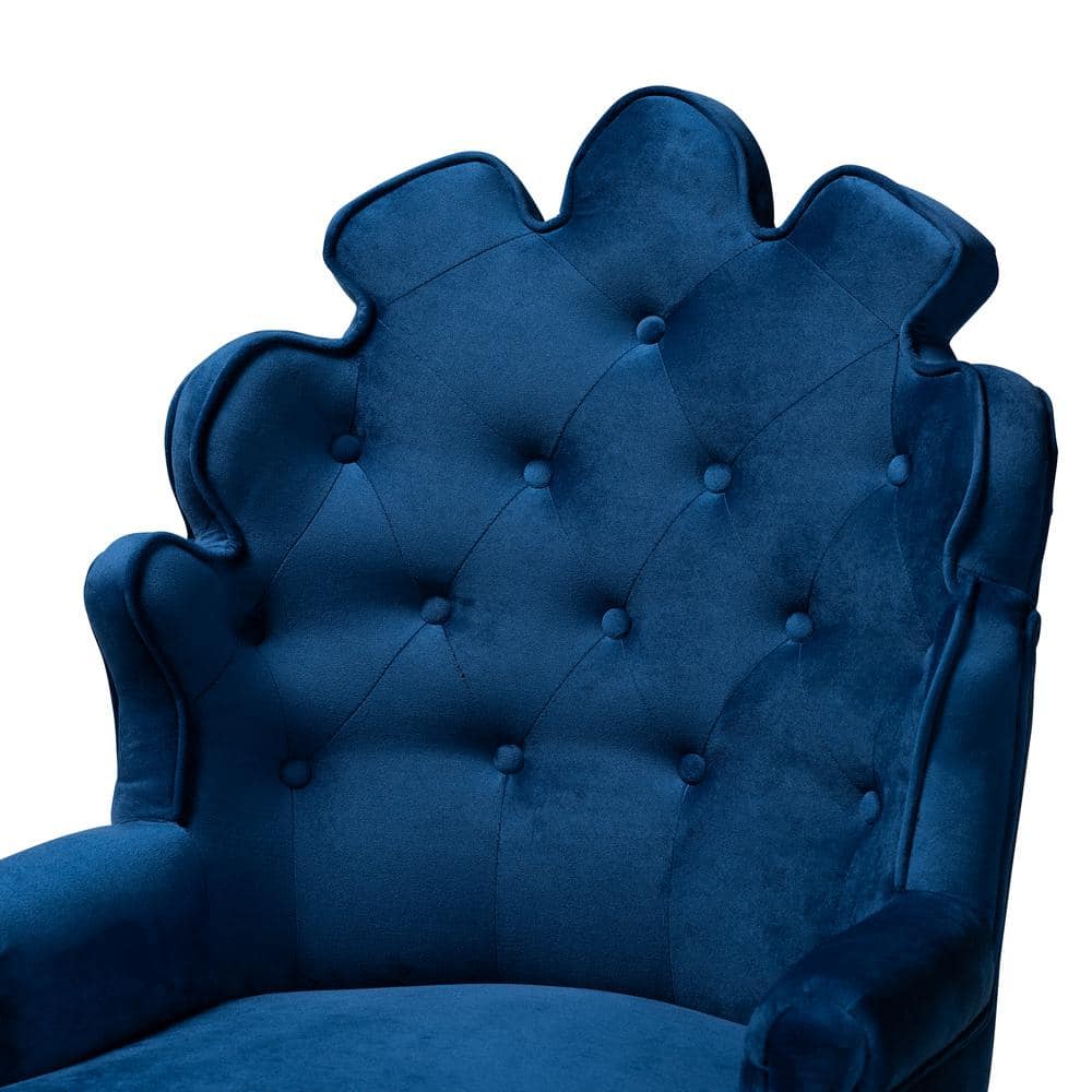 Chloe Adjustable Navy Blue Velvet and Dark Brown Wood Bar Stool