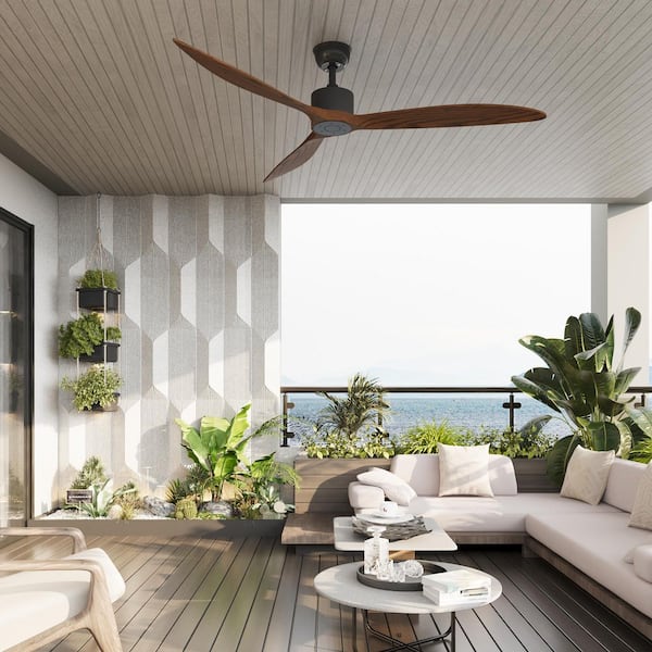 65 in. Modern Black Housing Walnut Wood Ceiling Fan with DC Motor, Reversible Airflow and 1/4/8H Timer, Downrod Mount