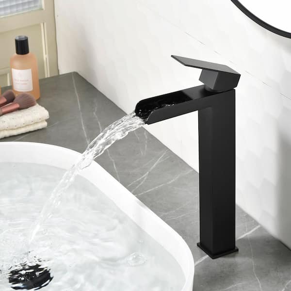Single Handle Waterfall Vessel Sink Faucet with Pop-Up Drain in Matte Black