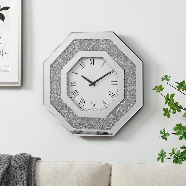 Octagonal Silver Artificial Gemstone Wall Clock with Black Floating Crystals, Modern Decorative Beveled Edge Clock