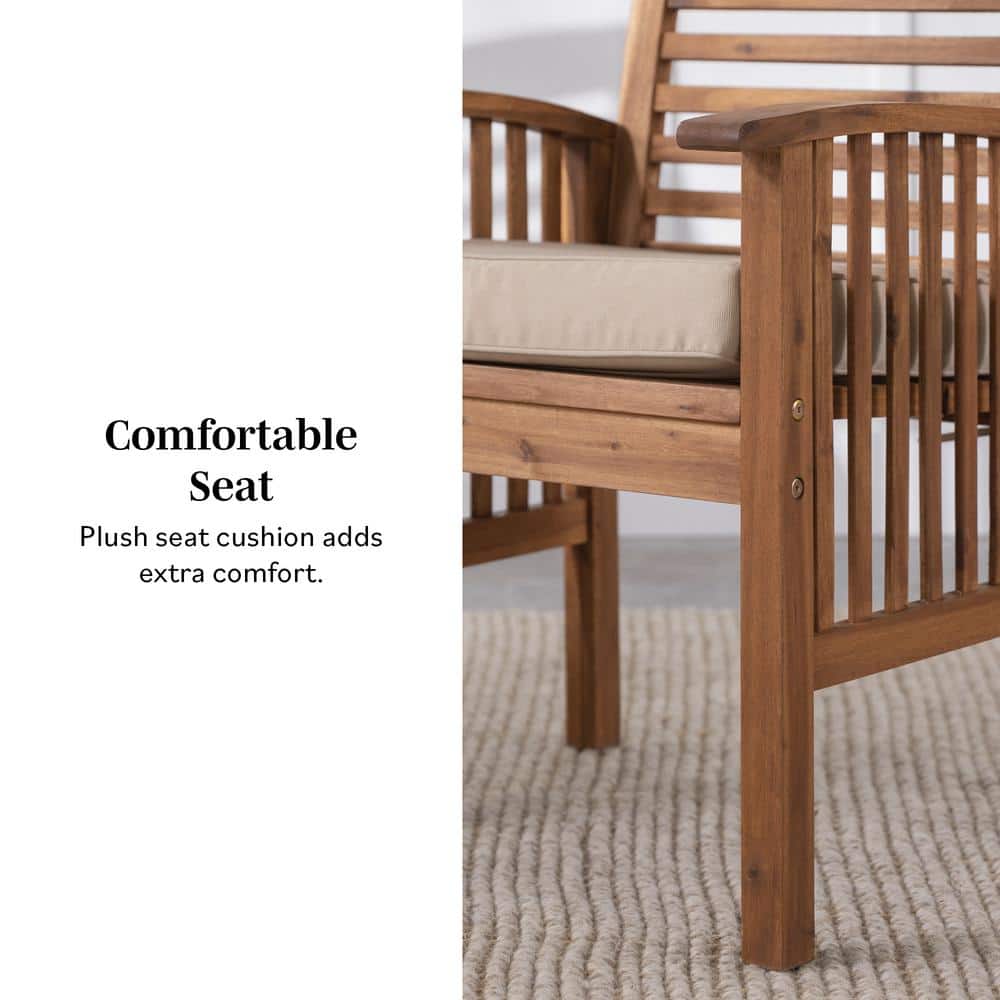 Dark Brown Acacia Wood Patio Chairs with Beige Cushions - Set of 2