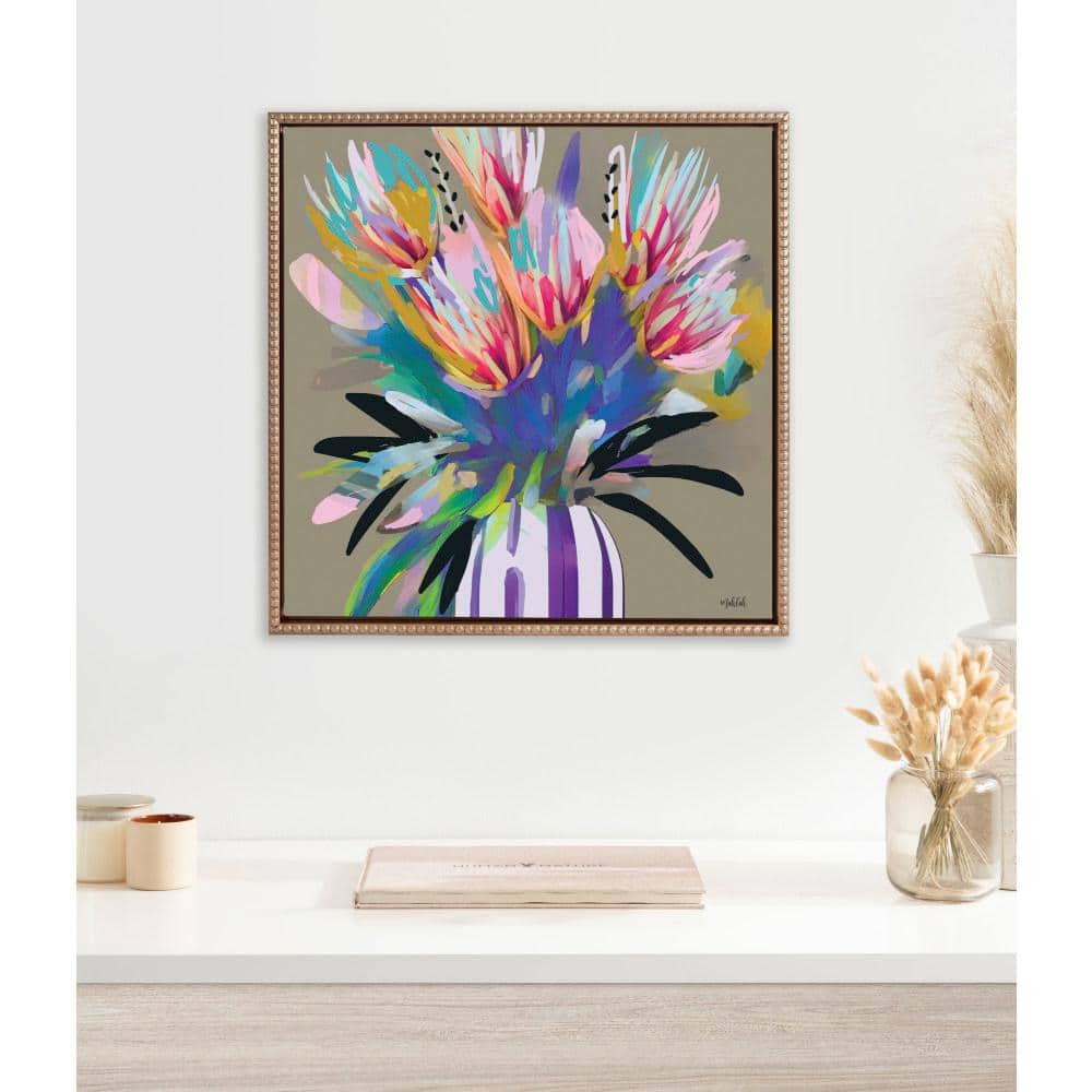 Sylvie Beaded Bright Flowers Framed Canvas Art, 22x22 Gold
