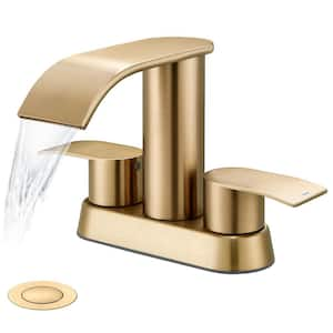 4 in. Centerset Double Handle Waterfall Spout Bathroom Vessel Sink Faucet with Pop Up Drain Kit in Champagne Brown