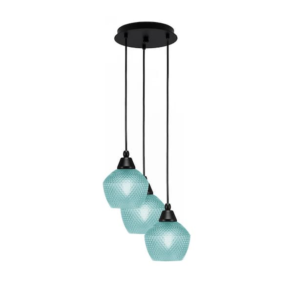 Unbranded Savannah 9.25 in. 3-Light Matte Black Cord Pendant Light Turquoise Textured Glass Shade