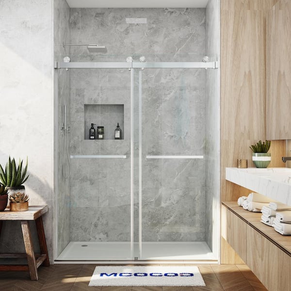 MCOCOD 56-61 in. W x 79 in. H Double Sliding Frameless Smooth Sliding Shower Door in Brushed Nickel with 3/8 in. Clear Glass