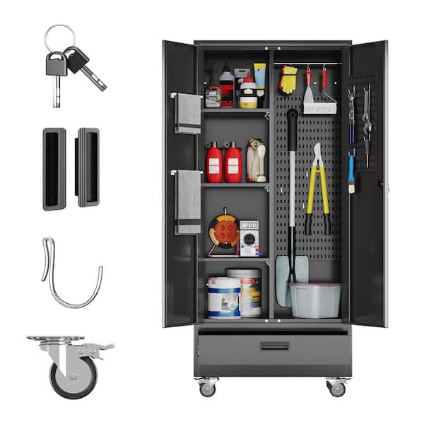 Hephastu 31.5 in. W x 71 in. H x 16 in. D Metal Mobile Garage Storage Freestanding Cabinet with Pegboard, Drawer in Black