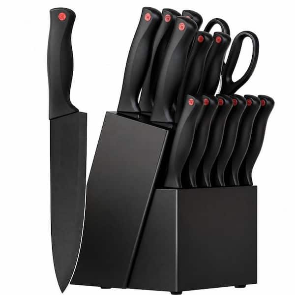 15-Piece Stainless Steel Knife Set with Knife Block and Built-in Sharpener, Black