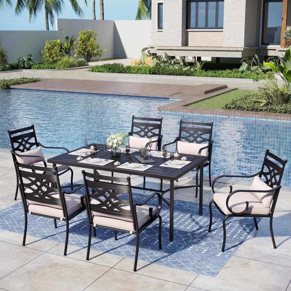 7-Piece Metal Rectangular Patio Outdoor Dining Set with Beige Cushions and 6 Dinning Chairs -  PHI VILLA, THD7-410405