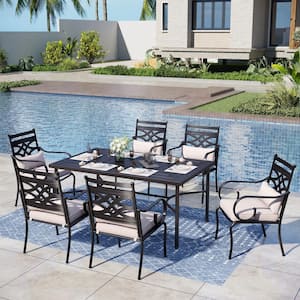 7-Piece Metal Rectangular Patio Outdoor Dining Set with Beige Cushions and 6 Dinning Chairs