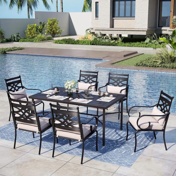 PHI VILLA 7-Piece Metal Rectangular Patio Outdoor Dining Set with Beige Cushions and 6 Dinning Chairs