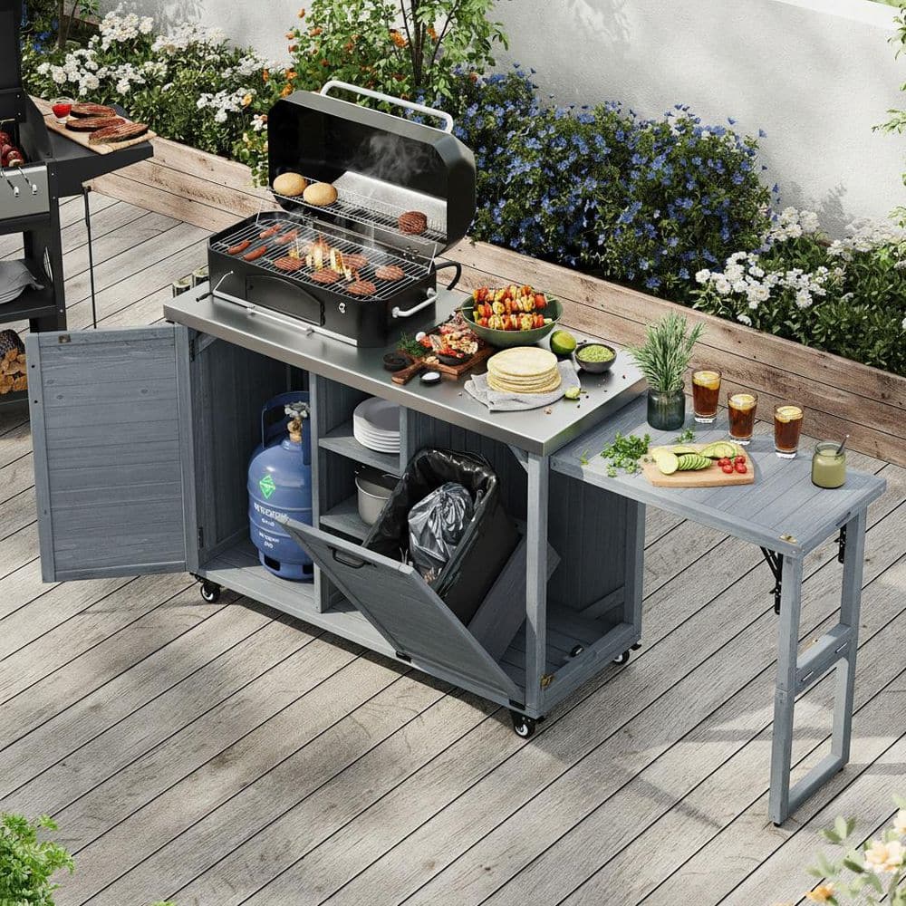 Runesay Farmhouse Gray Blue Steel 78.3 in. Kitchen Island Outdoor