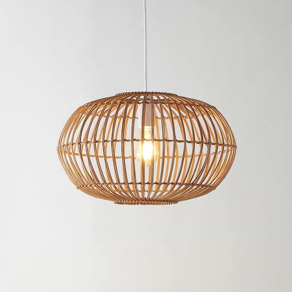Leo 17.5 in. 1-Light Brown Farmhouse Coastal Rattan 180 in. Cord Plug-In or Hardwired LED Pendant