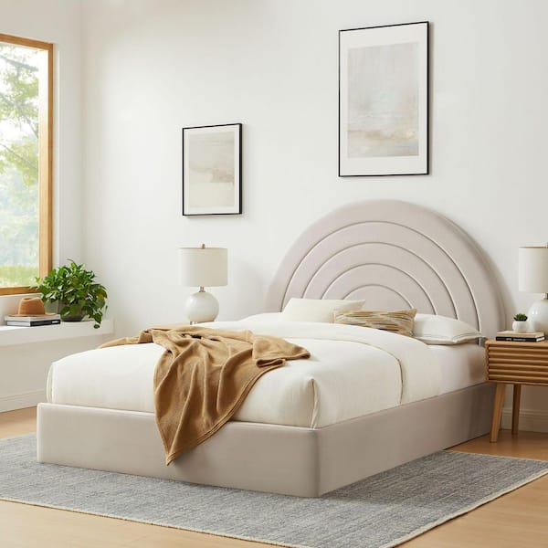Solana Beige Wood Frame Full Platform Bed with Arch-Shaped Headboard