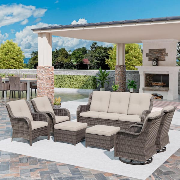 MeetLeisure Brown 7-Piece Wicker Outdoor Patio Conversation Set Sectional Sofa with Beige Cushions
