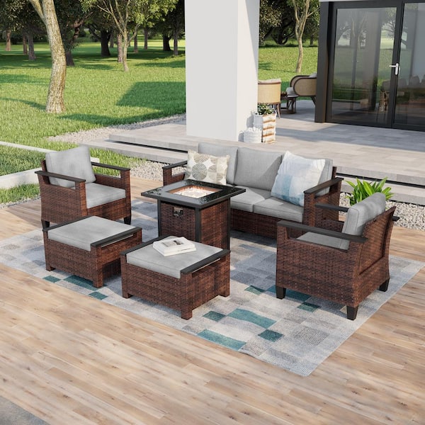 Sonkuki 6 Pieces Brown Wicker Linen Grey Cushion Patio Conversation Set with Square Firepit Table and Ottomans