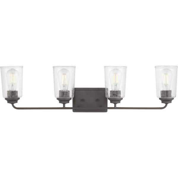 Hampton Bay Evangeline 32-3/8 in. 4-Light Modern Bronze Farmhouse Bathroom Vanity Light with Clear Seeded Glass Shades