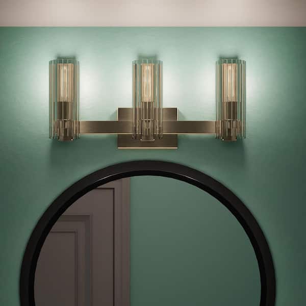 Jemsa 22.75 in. 3-Light Champagne Bronze Soft Modern Bathroom Vanity Light with Clear Fluted Glass