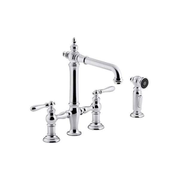 KOHLER Artifacts 2-Handle Bridge Kitchen Faucet with Lever Handles and Side Spray in Polished Chrome