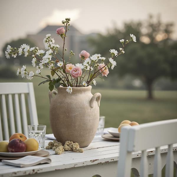 LuxenHome 12.6 in. Tall Rustic Antiqued Brown Terracotta Round