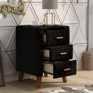 3-Drawer Black Upholstery Nightstand 23.1 x 16.1 x 16.1