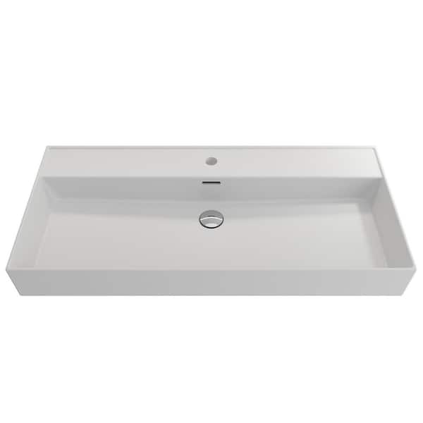 BOCCHI Milano 39.75 in. 1-Hole Matte White Fireclay Rectangular Wall-Mounted Bathroom Sink with Overflow