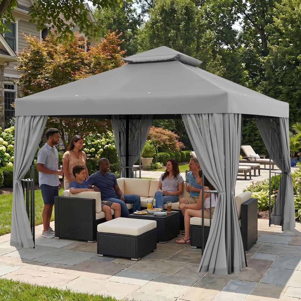 COOS BAY 10 ft. x 10 ft. Gray Double Roof Soft Top Outdoor Gazebo