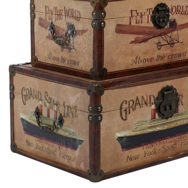 Set Of 3 Vintage Real Leather And Wood Trunks Brown - Olivia & May