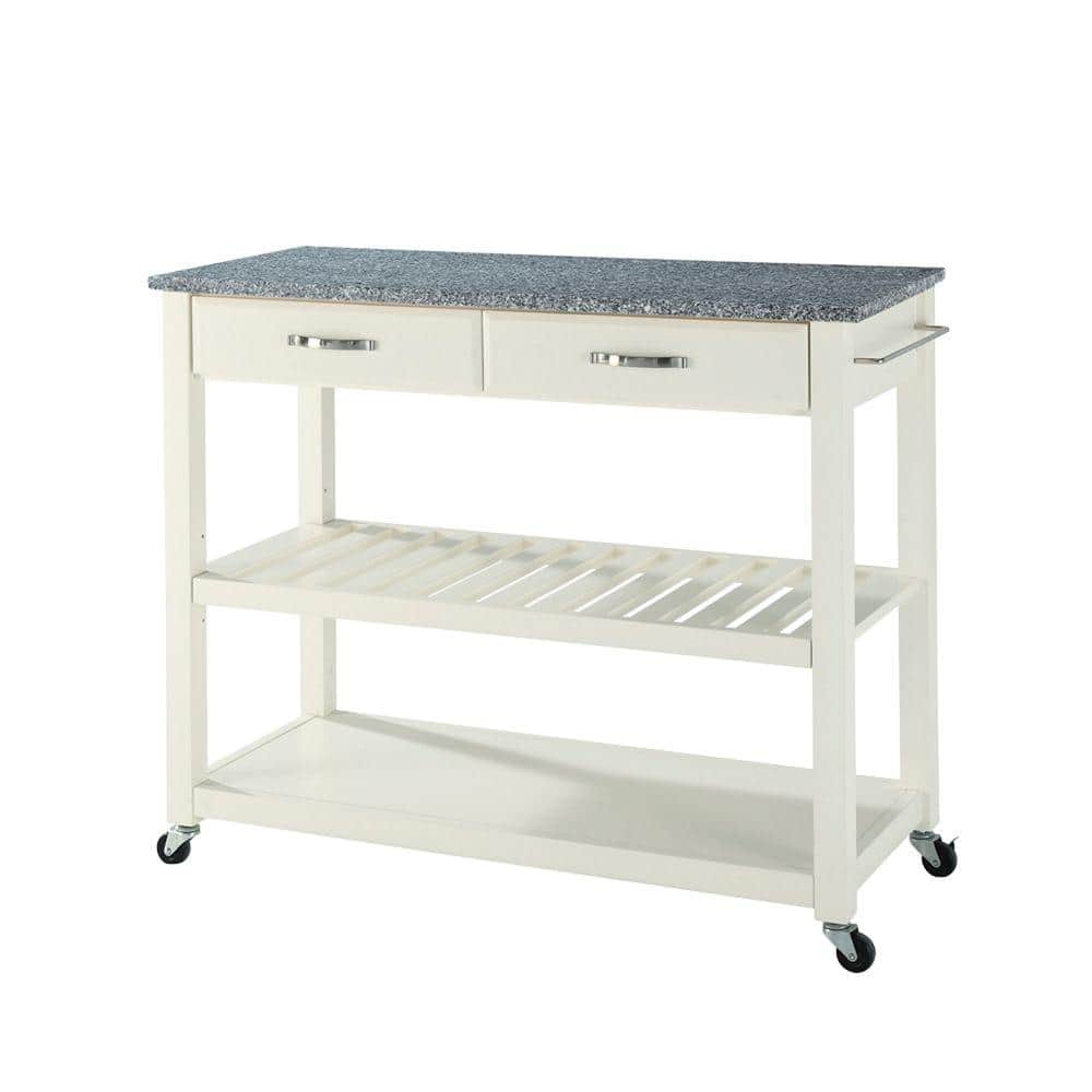 White Granite Top Kitchen Cart with Wine Rack and Storage