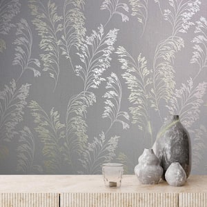Shimmery Grey/Gold/Copper Shrub Leaf On Plain Linen Texture Vinyl on Non-Woven Non-Pasted Wallpaper Roll