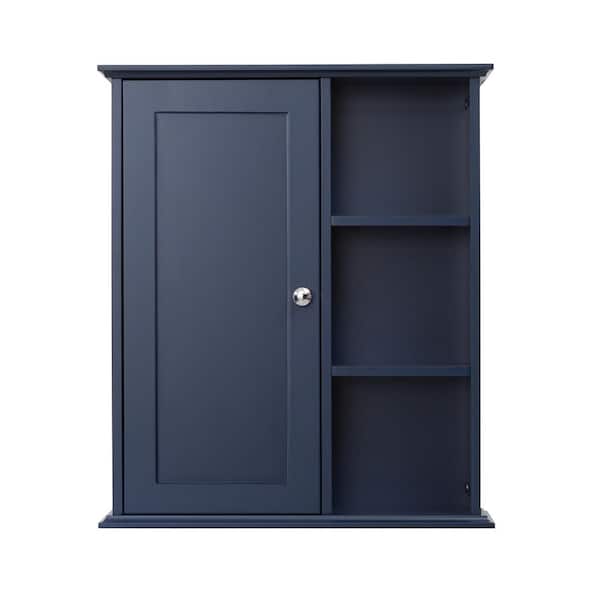 ANGELES HOME 23.6 in. W x 7 in. D x 27.6 in. H Bathroom Storage Wall Cabinet in Navy Blue with 3-Tier Open Shelves