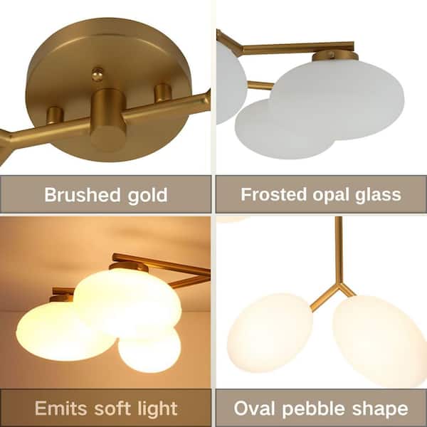 Ceder 6-Light 42.5 in. W Brushed Gold Semi-Flush Mount Branch Sputnik Ceiling Light with Oval Opal Glass for Kitchen