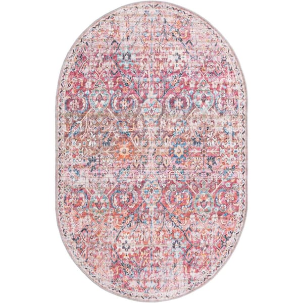 Nostalgia Gossamer Ivory and Pink 4 ft. x 6 ft. Oval Machine Washable Area Rug