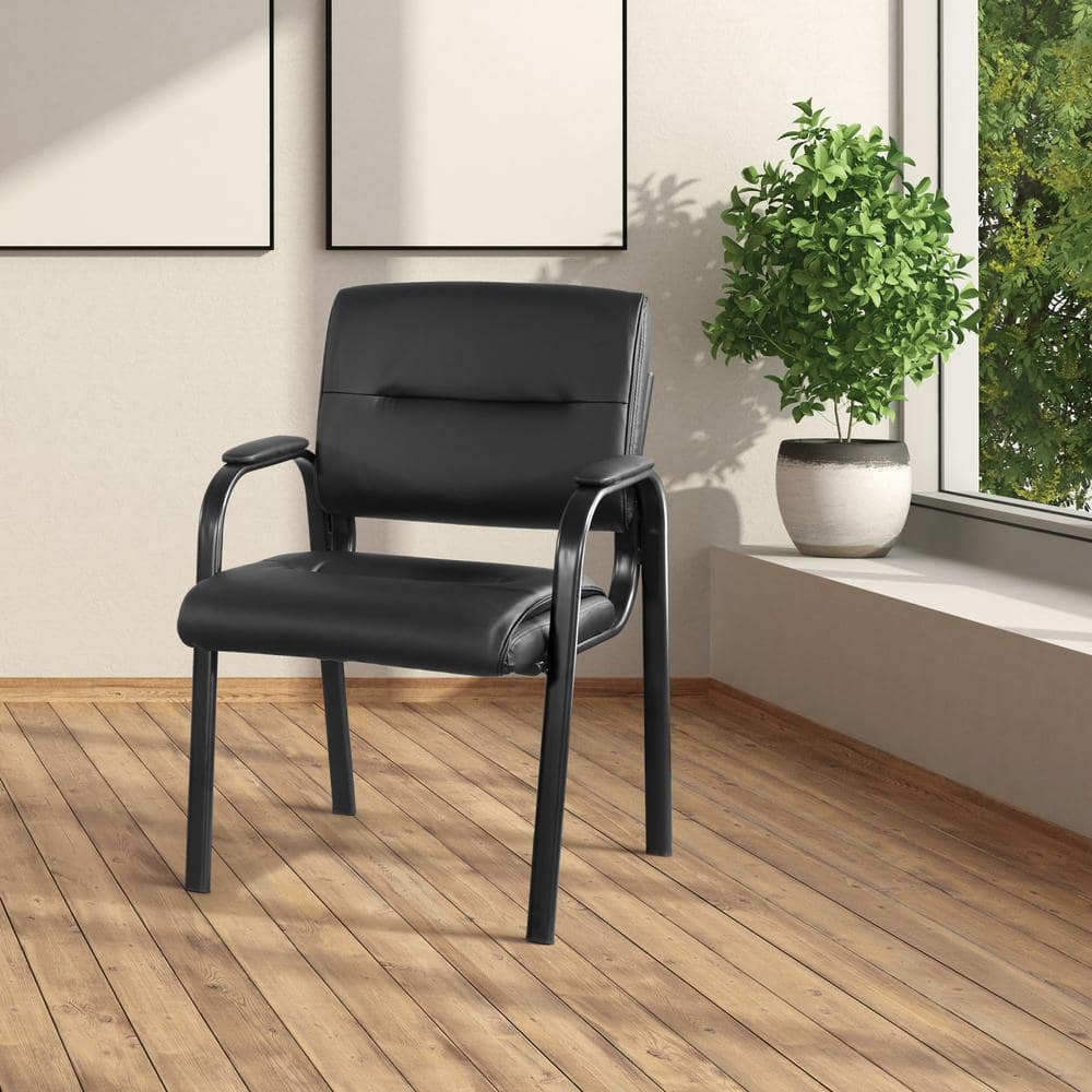 Black Faux Leather and Metal Guest Chair with Padded Armrests
