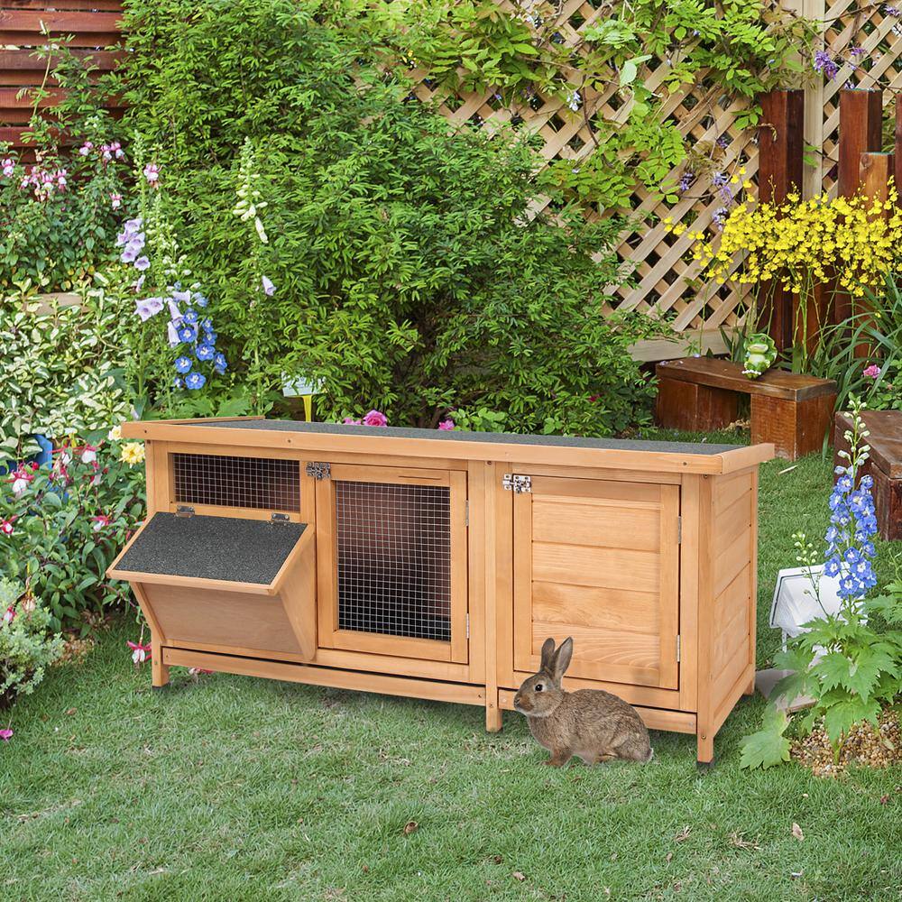Natural Beige Wooden Rabbit Hutch with Waterproof Roof and Feeding Trough