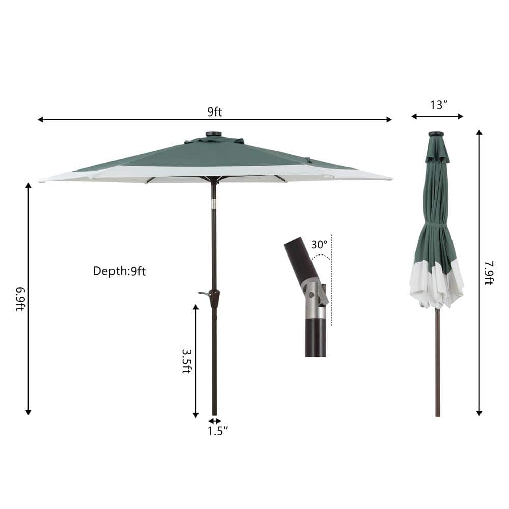 Spencer 9 ft. Green and White Aluminum Coastal Patio Umbrella with LED Lights