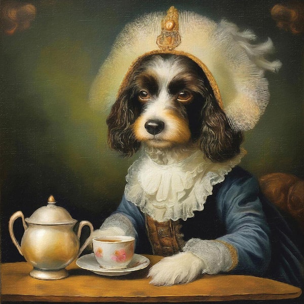 VENICE BEACH Collections Victorian Dog at Tea by Grotto Studios 1 Piece Unframed Graphic Print Abstract Poster Art Print 16 in. x 16 in.