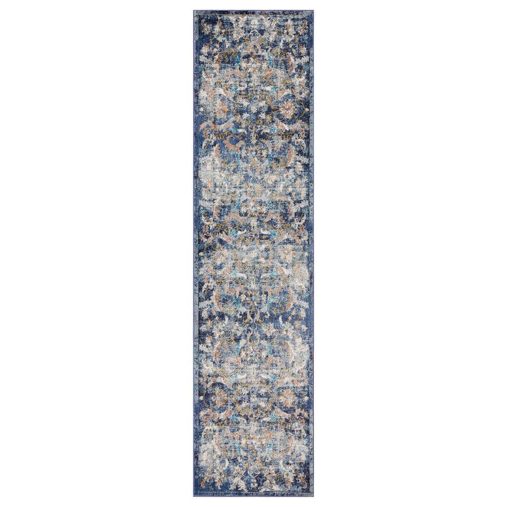 Gracie Jacobean Navy Multi 2 ft. 3 in. x 8 ft. 9 in. Distressed Floral Indo