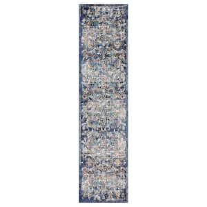 Gracie Jacobean Navy Multi 2 ft. 3 in. x 8 ft. 9 in. Distressed Floral Indoor Runner Rug