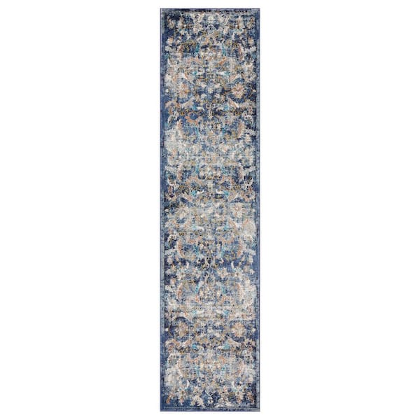 LR Home Gracie Jacobean Navy Multi 2 ft. 3 in. x 8 ft. 9 in. Distressed Floral Indoor Runner Rug