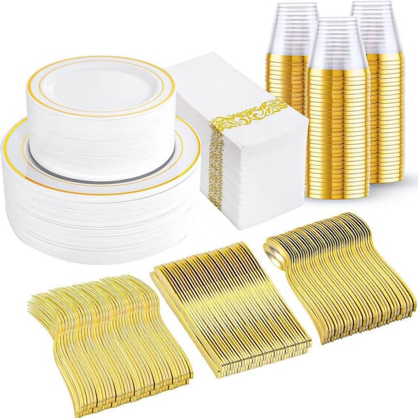 Gold Disposable Plastic Dinnerware Set for 50-Guests, Includes Plates, Napkins, Cups, Silverware